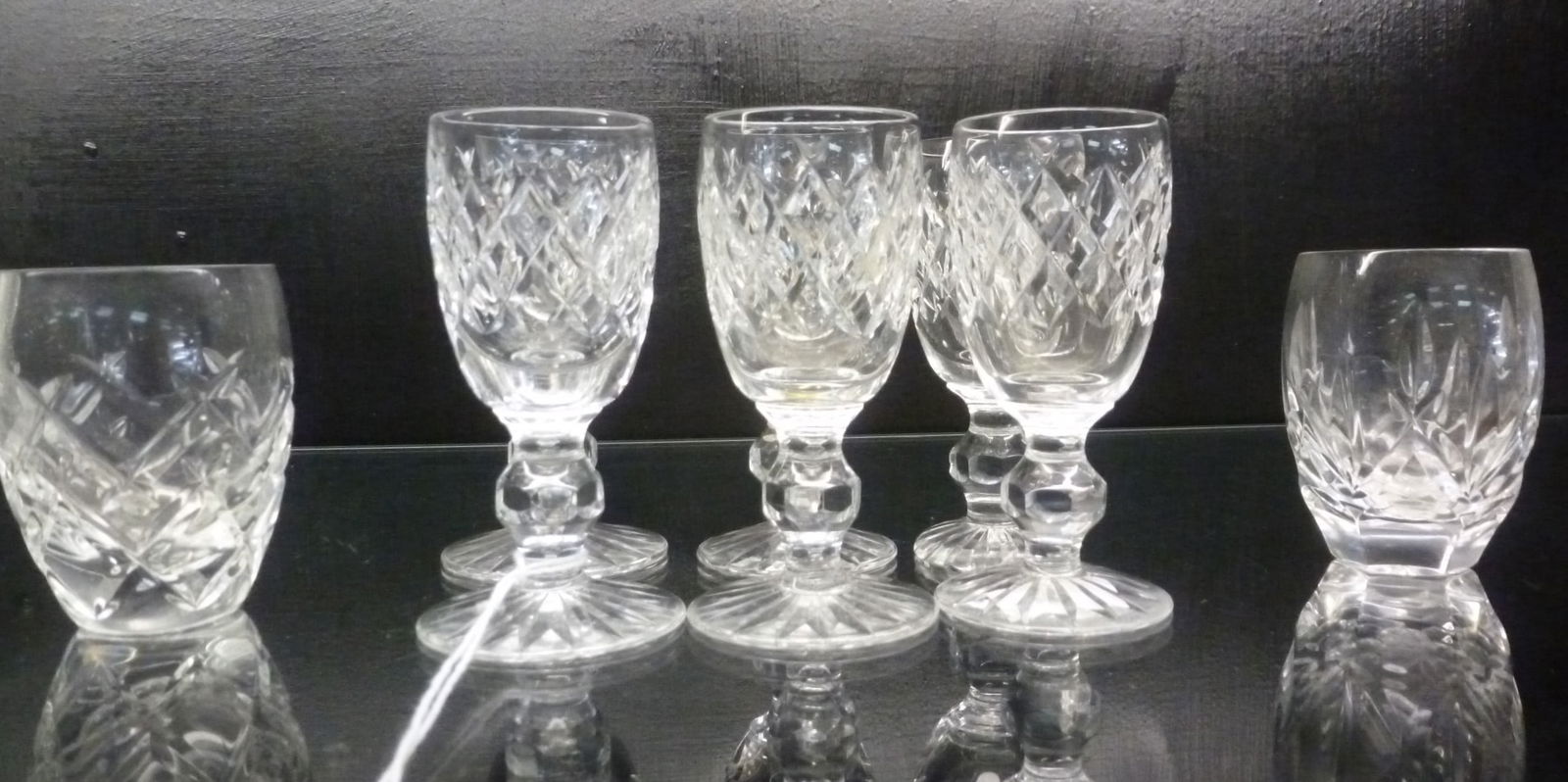 6 WATERFORD Crystal Cordial Stems and 2 Shot Glasses: (1 of 3)
