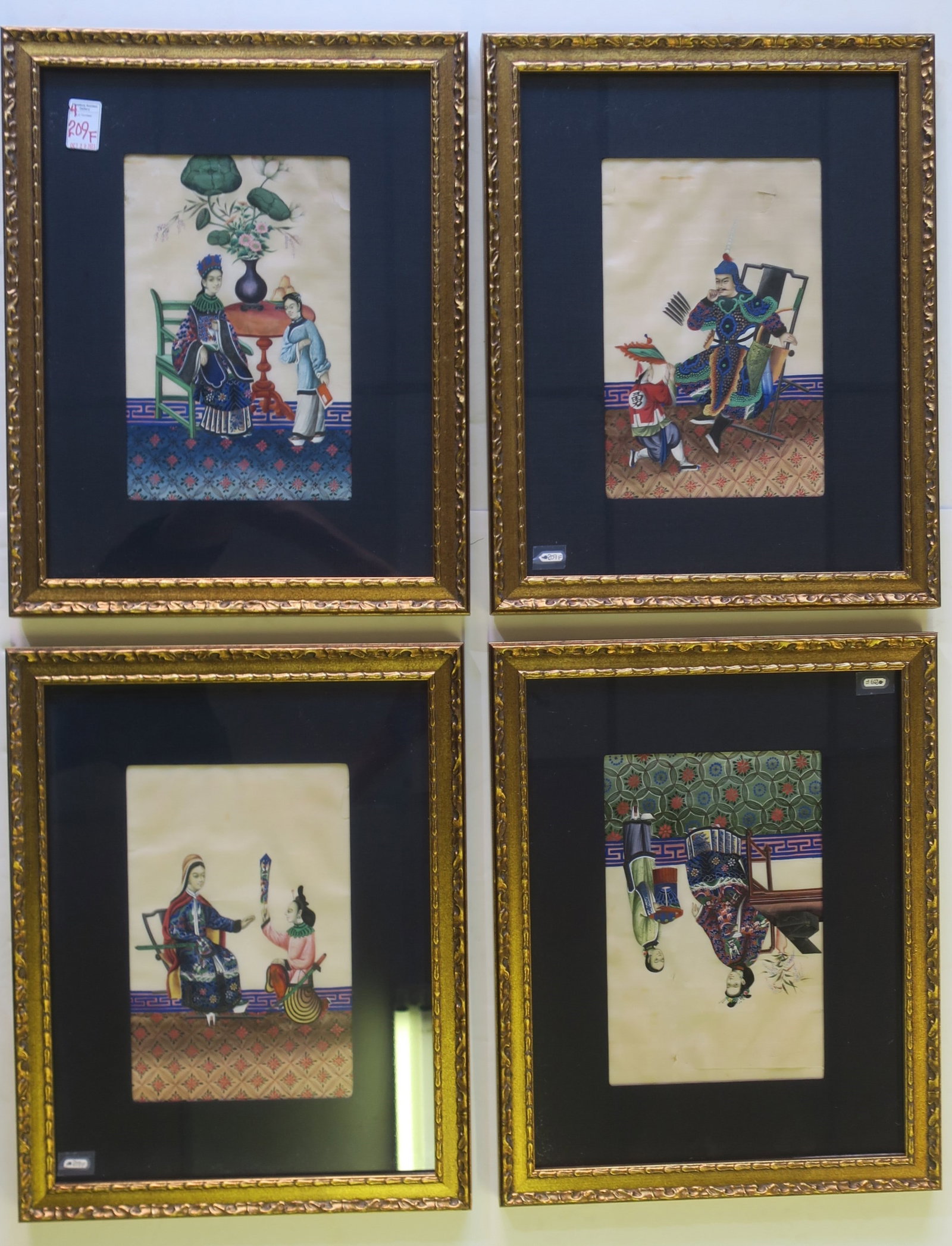 Four Pith Paintings. Seated Female Receiving Gift: Four Pith Paintings. Seated Female Receiving Gift from Kneeling Figure with Sword. Archer Warrior in Military Uniform being Gifted a Banner. Seated Lady Being Brought a Meal. Interior Scene with Lady 