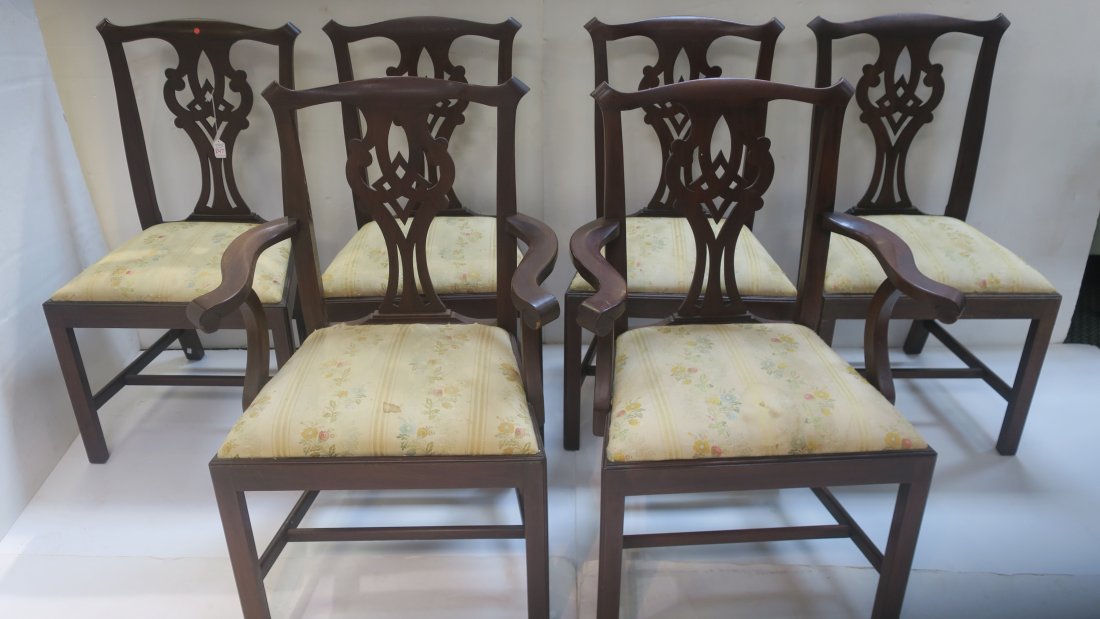 Six HENKEL HARRIS Mahogany Chippendale Dining Chairs:: Six HENKEL HARRIS Mahogany Chippendale Dining Chairs: Two Arm and Four Side Chairs With Carved Back Splats and Square Marlborough Straight Legs. White and Gold Upholstery Shows Wear. Each Chair is 37"