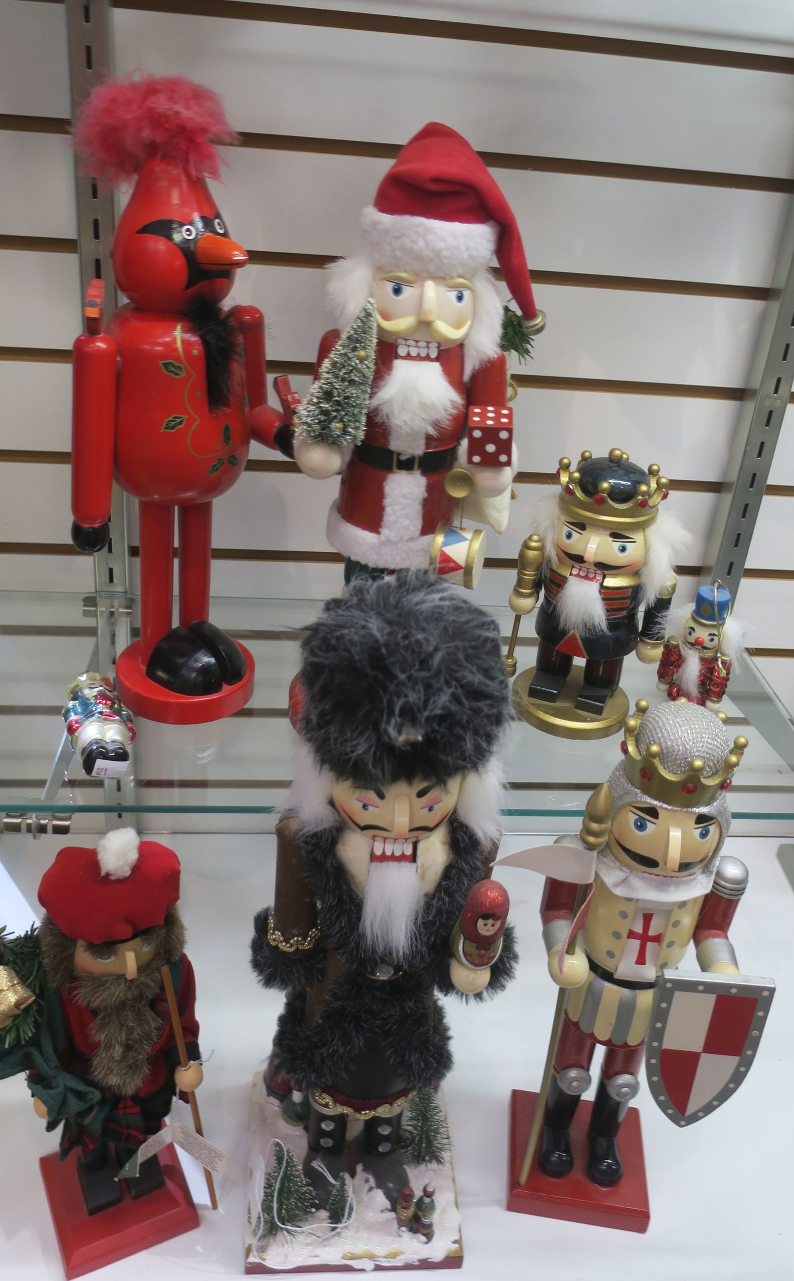 Six German Style Christmas Nutcrackers; 7"-17" Tall:: Six German Style Christmas Nutcrackers; 7"-17" Tall: Red Cardinal, Saint Santa Christmas, Santa with Tree, Kings Royal Guard, Scotsman with Caber, Russian 17" Tall in Black hat, Russian Royal Guard wi