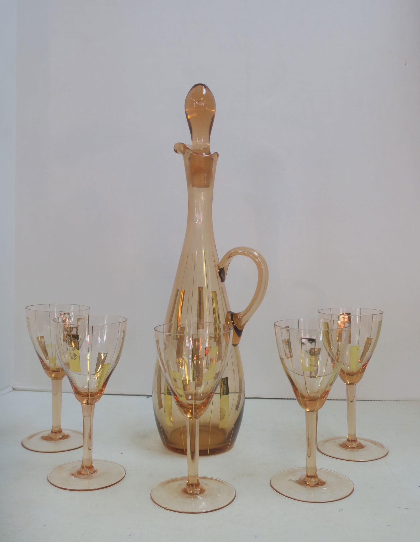 Hungarian MCM Blown Glass Decanter and Five Stems: (1 of 3)