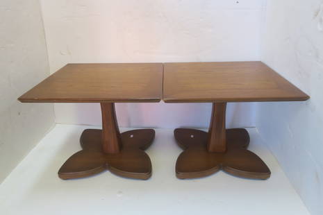 Two HENREDON Mid Century Walnut Tables:: Two HENREDON Mid Century Walnut Tables: Square Top Measures 20". Stands on an Inset Tapered Post with a 4 Point Flower Shaped Base. From the "Circa 60" Collection. Stands 16"T. Some Scuffs. (600-800)