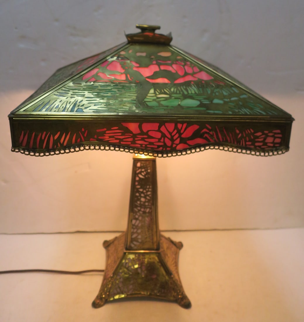Unusual Slag Glass Table Lamp with Brass Overlay: (1 of 5)