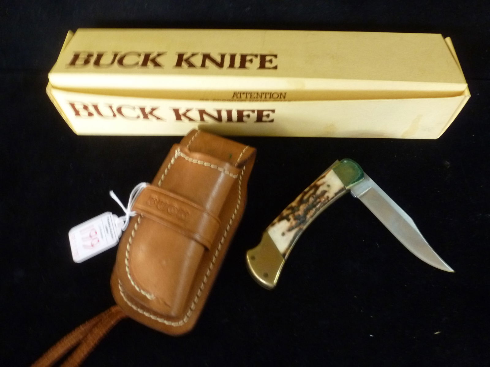 BUCK "STAG" #110 Locking Blade Folding Knife w/Sheath: BUCK "STAG" #110 Locking Blade Folding Knife w/Sheath Buck Knives can Famously Cut thru Steel Bolts You Just need a Bigger Hammer. Blade Measures 4" with Deer Antler Bone Handle with Brass Caps. Fitte