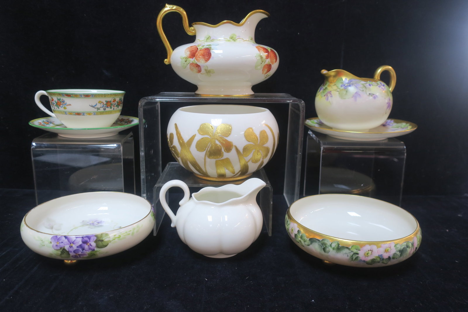 Seven Pieces WILLETS BELLEEK Tableware:: Seven Pieces WILLETS BELLEEK Tableware: Willets Manufacturing Co, Based in Trenton NJ From 1879 Until 1909. Two Cupped 3 Footed Bowls, One with Pink Flowers, Other with Violets. Saucer and Creamer wit
