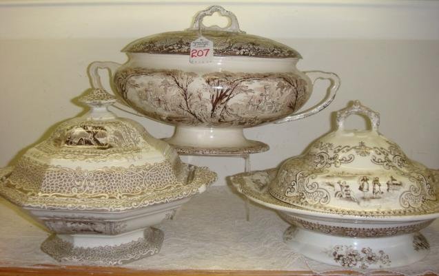 Three Brown Transferware Lidded Serving Bowls, Tur: Three Brown Transferware Lidded Serving Bowls, Tureen: Staffordshire Gipsy (Gypsy) Octagonal 10"D Lidded Bowl, Unknown Maker. Star Crack on Side, Slight Stain, Hairline on Foot. J&MP Bell Italian Lake