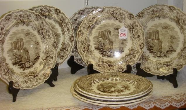 Ten Assorted Vintage Brown Transferware Plates:: Ten Assorted Vintage Brown Transferware Plates: Six William Ridgway "Italian" Plates, Sibyl's Temple, Tivoli, 9 1/4"D. CA 1835. 2 R. Hall Parisian Chateau 9" Plate, 1 with Crack, Crazing. Gipsy (Gypsy
