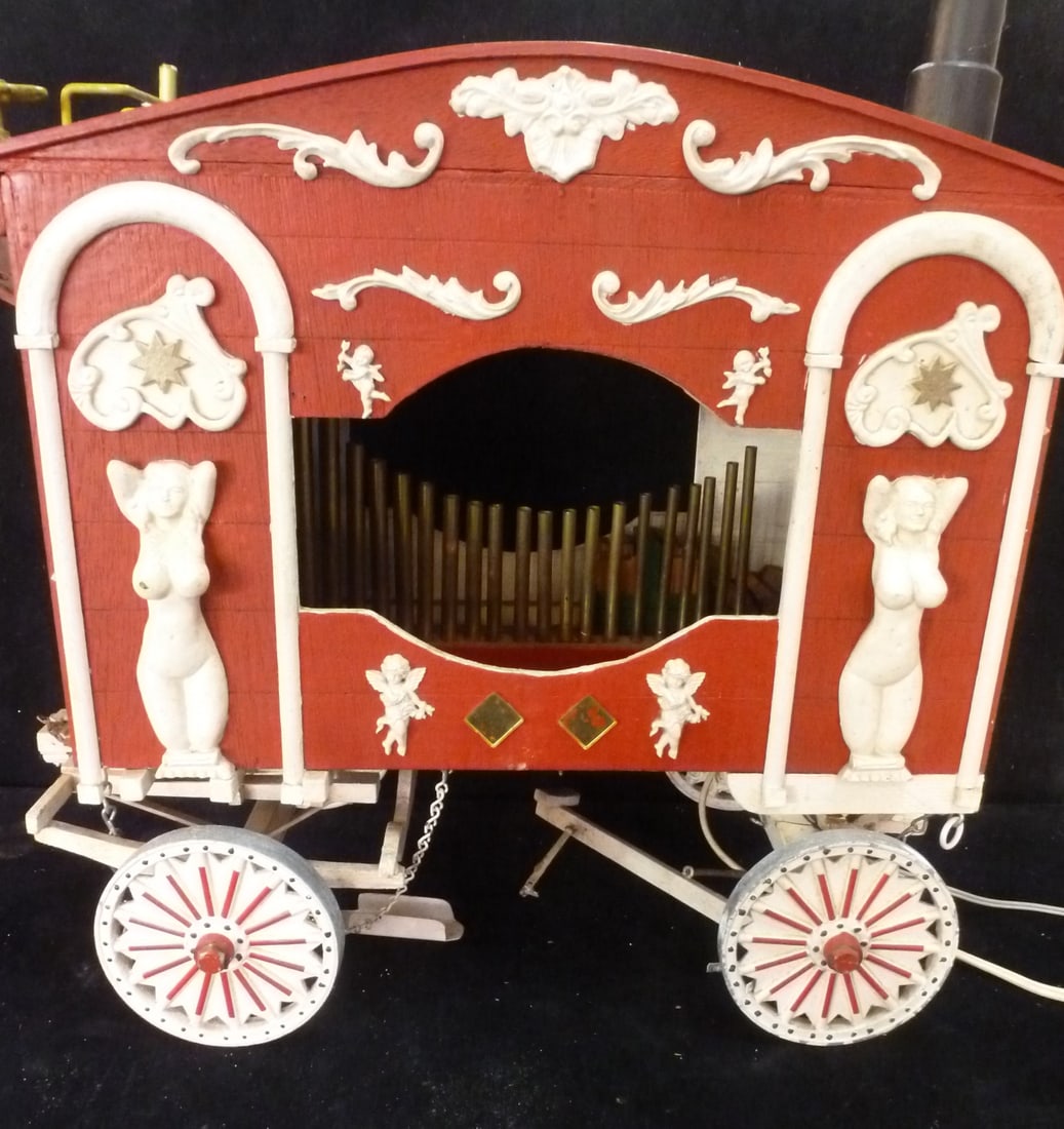 Hand Built Wooden Calliope Circus Wagon:: Hand Built Wooden Calliope Circus Wagon: Horse Drawn Model of Steam Powered Carriage with 28 Whistles Fueled by a Traction Engine and Operated by a Roll, Like a Player Piano or a Keyboard. Red Car is