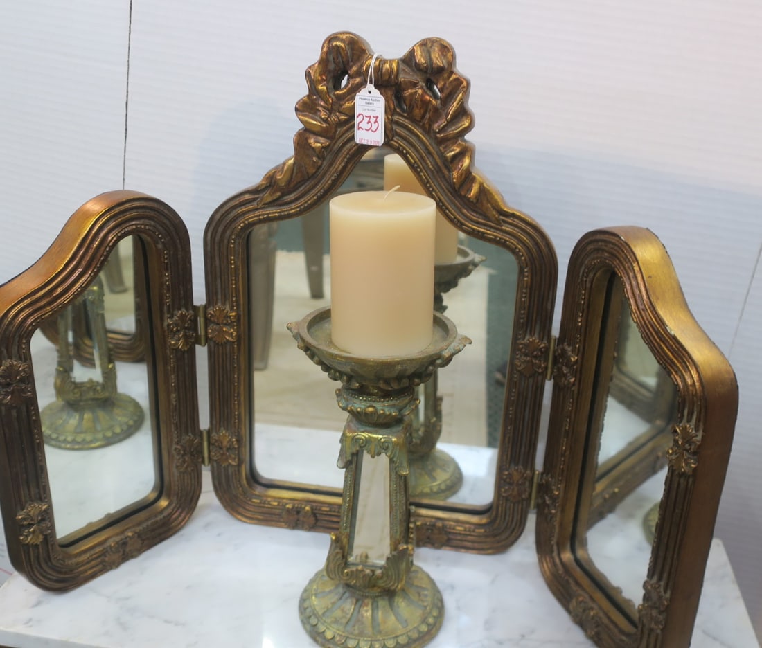 Gilt 3 Panel Folding Mirror and Pillar Candle Holder: (1 of 4)