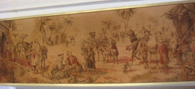 Vintage Middle Eastern Scenic Woven Wall Tapestry:: Vintage Middle Eastern Scenic Woven Wall Tapestry: Details of Horses, Camels and Arabian Traders in Desert Village Done in Subtle Colors. Framed to 20" X 58" (100-160)