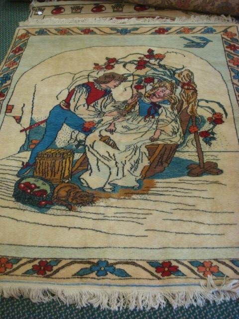 Scenic Fairy Tale Sleeping Beauty Rug:: Scenic Fairy Tale Sleeping Beauty Rug: Prince Waking up Beauty on Cream Ground. High Density Novelty Rug is 5' X 7" with Cotton Fringe. (100-200)