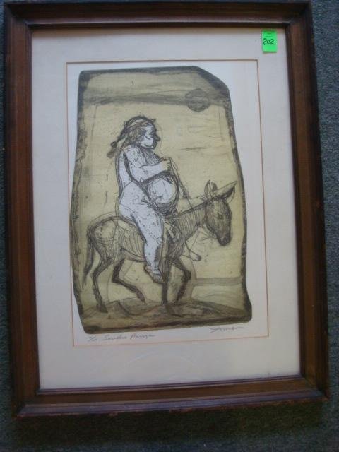 Limited Edition Sancho Panza Print by IRVING AMEN:: Limited Edition Sancho Panza Print by IRVING AMEN: Pencil Signed LR, #98/200. Listed American Artist. Represented in Met, MOMA and Smithsonian. Framed to 27" X 21". (Irving Amen, 1918-2011) (100-200)