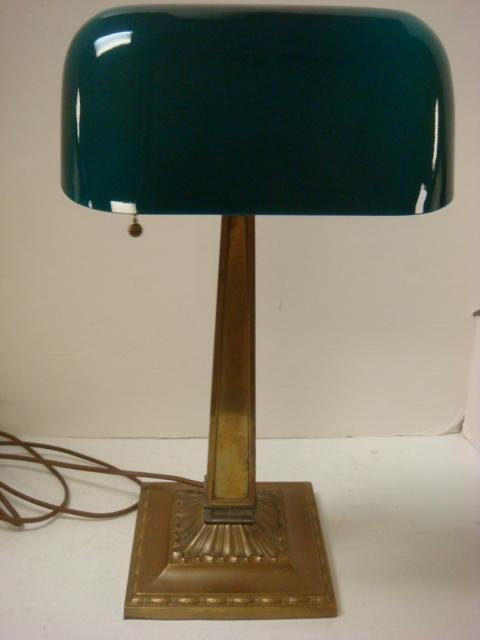 EMARALITE Brass Desk Lamp Model 8734:: EMARALITE Brass Desk Lamp Model 8734: Lamp Base is 15"T with 9"L Emeralite Glass Shade. Square Foot with Tapering Column. (100-200)