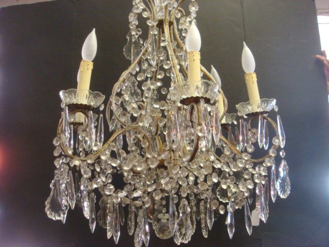 Elegant Six Arm Regency Style Crystal Chandelier:: Elegant Six Arm Regency Style Crystal Chandelier: Small Beading and Roped of Cut Beads, Crystal Prisms, Spear Prisms and Pedagogues. Faceted Ball at Bottom. 28"T (300-600)