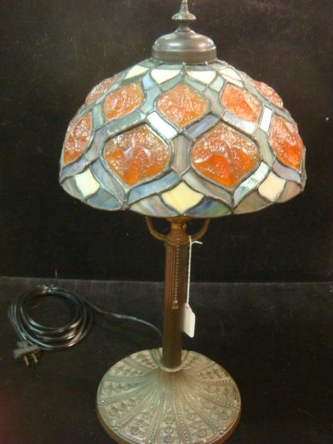 MILLER #1078 1920's-30's Lamp Base, Glass Shade: MILLER #1078 1920's-30's Lamp Base, Glass Shade: Miller Lamp Base is 20"T Overall. Arts & Crafts Amber Jeweled, Stained Glass Shade has 2 1/4" Fitter. (200-300)