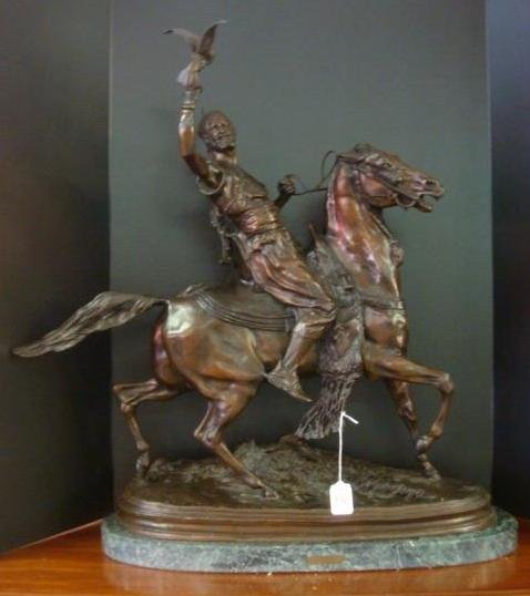 Bronze Recast FAUCONNIER ARABE A CHEVEL, MENE:: Bronze Recast FAUCONNIER ARABE A CHEVEL, MENE: 26" Tall Recast Pierre Jules Mene's Famous Sculpture First Exhibited at the SALON 1873. This Impressive Group is Found in the Collections of many Museums