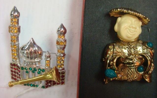 Vintage ORA 3-D Minaret and HAR Figural Brooch:: Vintage ORA 3-D Minaret and HAR Figural Brooch: 2 1/2" ORA Temple with Sparkling Hand Set Stones and Horn on Front. Har Chinese Figure Designed by Mary McFadden. Both Featured in Costume Collector Boo