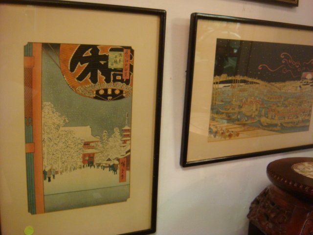 Two Ukiyo-e Japanese Scenic Woodblock Prints:: Two Ukiyo-e Japanese Scenic Woodblock Prints: Intricate Pattern of Japanese Every Day Life in Fishing Village and Market. Subdued Coloration. No Signature Visible. Matted and Framed to 20" x 14" Chop 