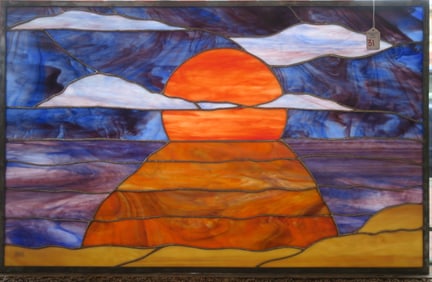 Sunset On Beach Stained Glass Window Panel: