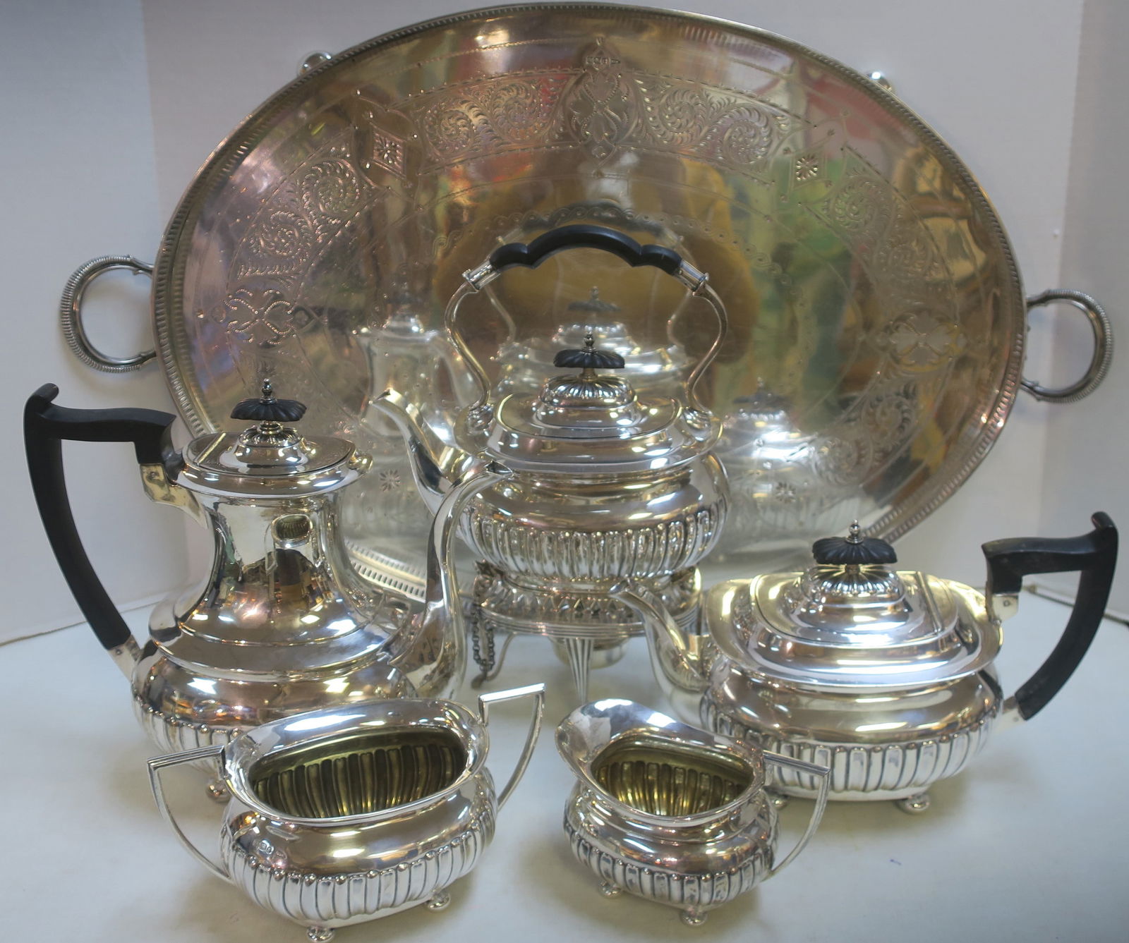 English Sterling Silver Tea Service with Tray CA 1896: (1 of 9)