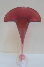 Art Glass Fan Vase with Faux Tiffany Signature: