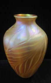 Gold Aurene Pulled Feather Art Glass Vase: