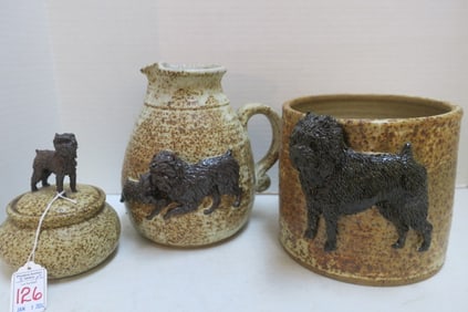 Three Pieces of Hand thrown Pottery with Dogs: