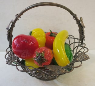 Silver Wire Basket Filled Glass Fruit & Vegetables: