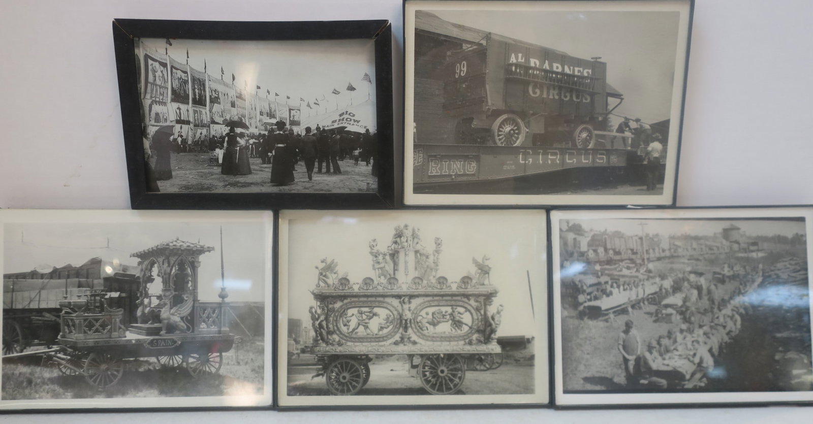 Five 5" x 7" B & W Circus Photos CA 1900-1930:: Five 5" x 7" B & W Circus Photos CA 1900-1930: Big Show Main Entrance and Side Show, Three Highly Decorated Circus Wagons, AL BARNES #99, SPAIN, and Ringling Bros Wagon now at Circus World Museum in W