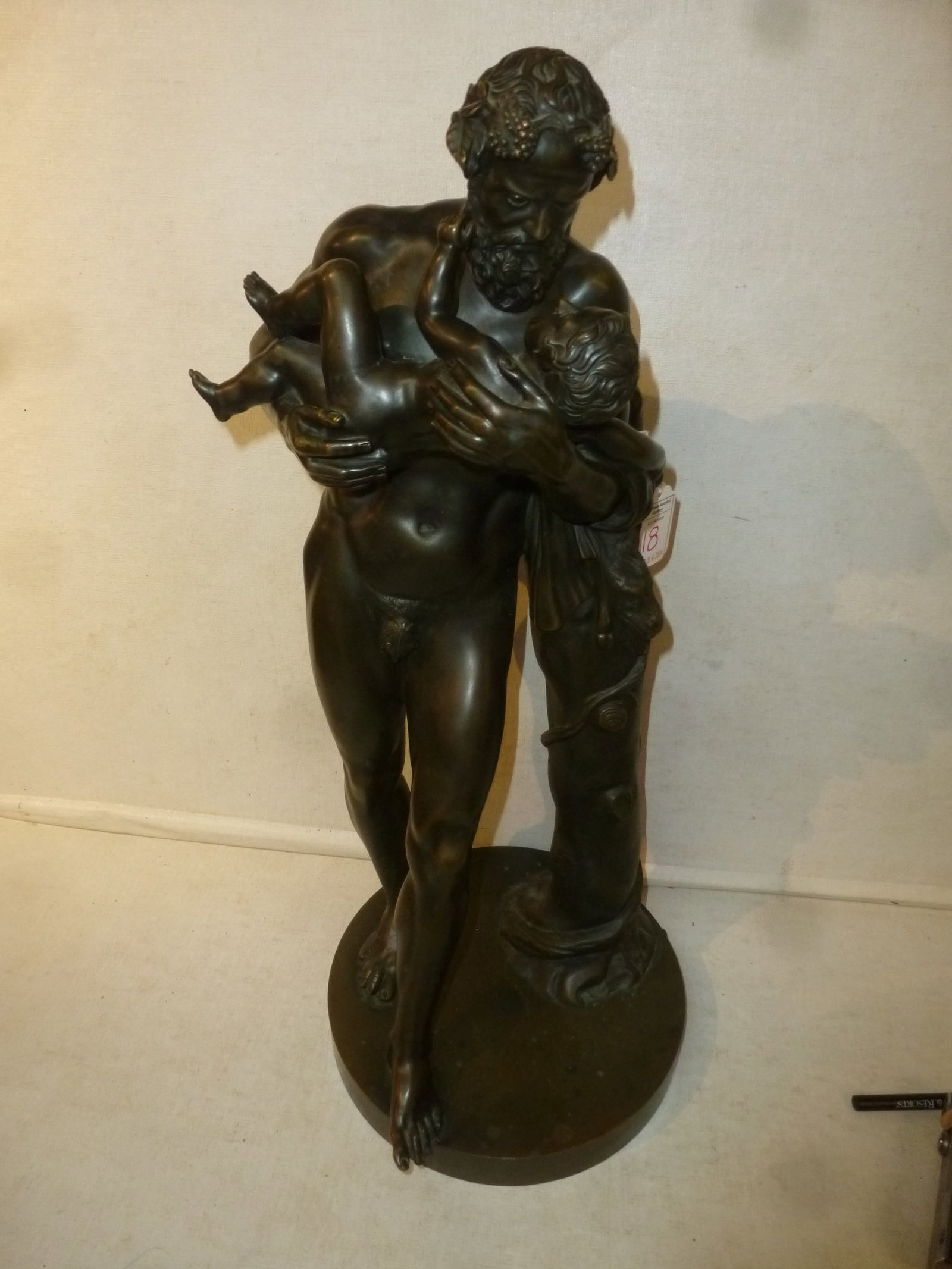 Bronze Statue of Silenus Carrying Dionysus/Bacchus:: Bronze Statue of Silenus Carrying Dionysus/Bacchus: Original Marble Statue in Louvre. Marked on Side of Round Base B. (Benedetto) Boschetti, Roma. (1820-1879 19"T. (300-3000)