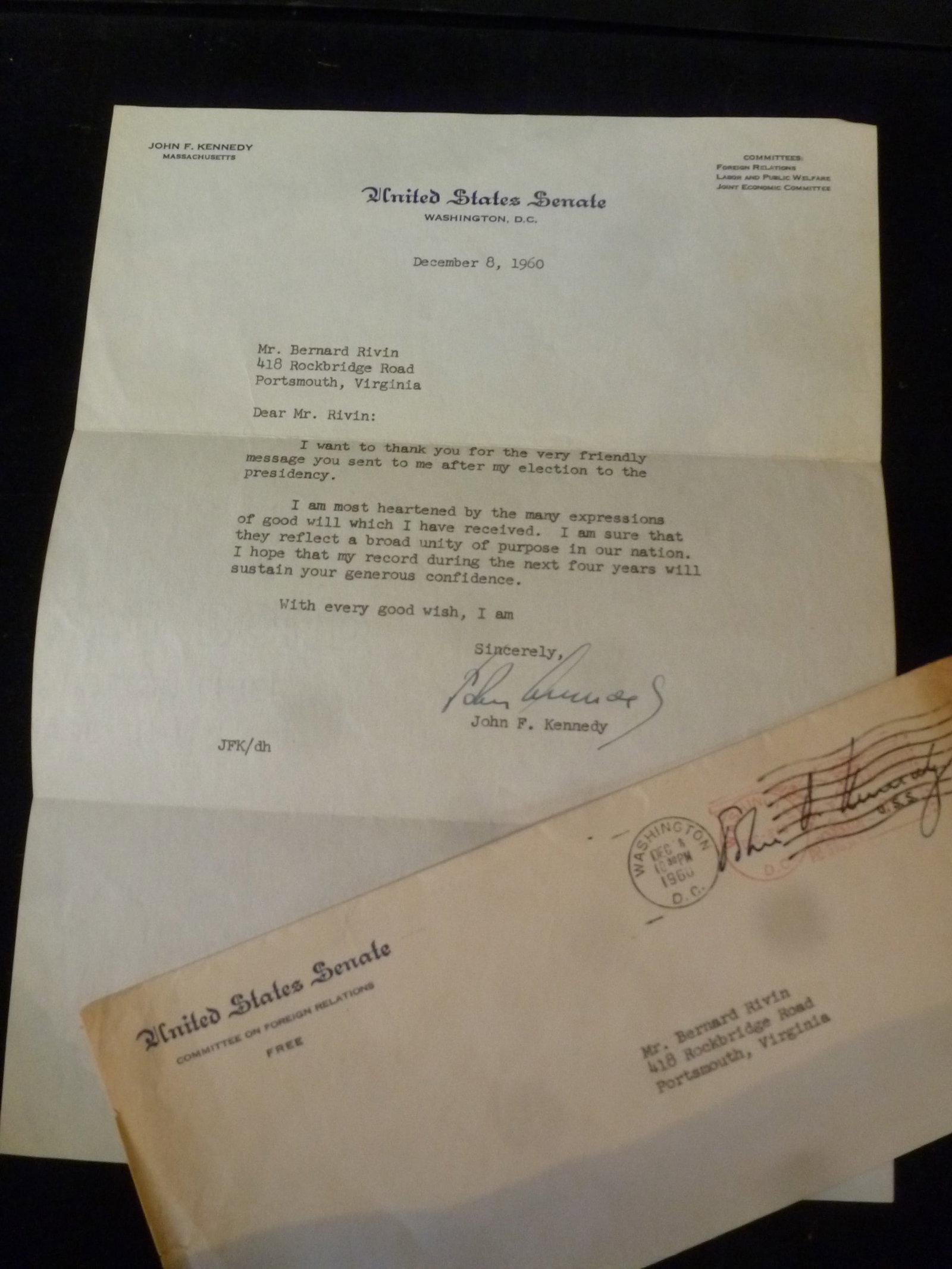Autograph, JOHN F. KENNEDY, Personal Letter Signed:: Autograph, JOHN F. KENNEDY, Personal Letter Signed: Letter to Bernard Rivin, Portsmouth Virginia, Thanking him for His "Friendly Message" after his Election to the Presidency. With Cached Envelope. Ex