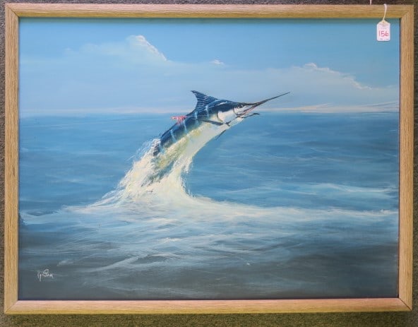 WAYNE FULCHER, Blue Marlin, Acrylic on Board:: WAYNE FULCHER, Blue Marlin, Acrylic on Board: Done in 1992, Signed Lower Left. VA Native Artist, 1939-2016. Self Taught, Much of Work from the Outer Banks. Captures the Color and Movement of the Power