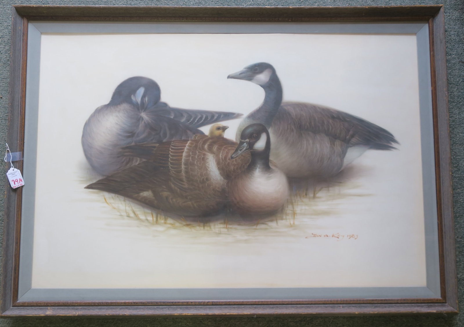 DON A. KEY Painting of Canada Geese & Gosling:: DON A. KEY Painting of Canada Geese & Gosling: Peaceful Scene of Migratory Waterfowl. Goose and Gander with Similar Plumage. Painted on Silk. 28" X 41". (200-400)