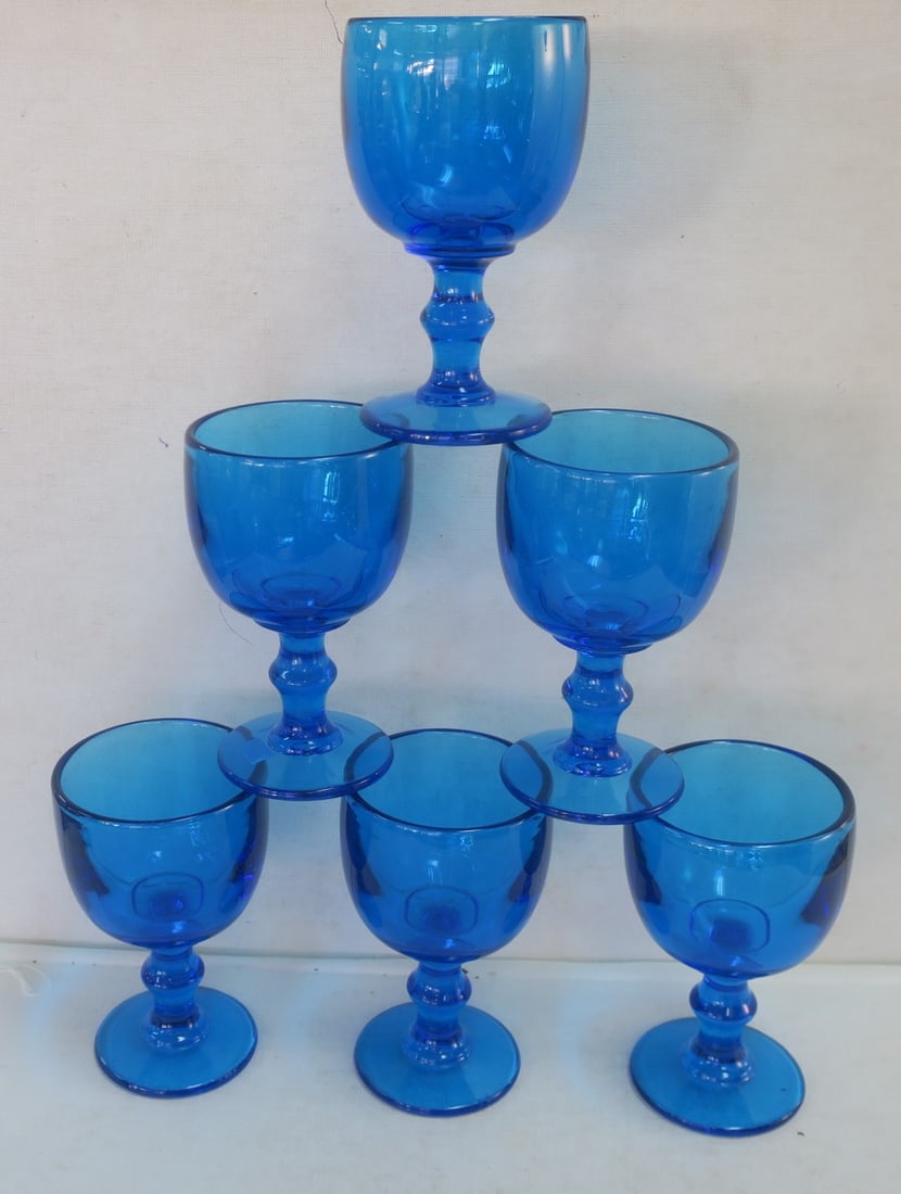 Six Imperial Glass Hoffman House Ultra Blue Goblets:: Six Imperial Glass Hoffman House Ultra Blue Goblets: Each Heavy Water Goblet is 6 1/4"T, 3 7/8"D. Beautiful Blue Color! No Chips or Cracks. (100-200)