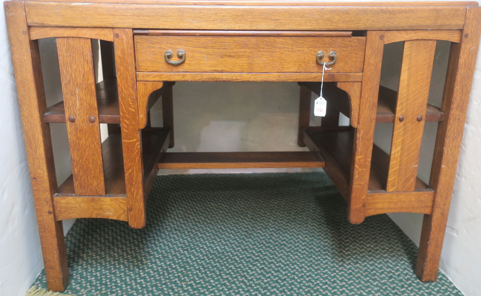LIMBERT Arts & Crafts Mission Oak Desk:: LIMBERT Arts & Crafts Mission Oak Desk: Early 20th Century, Double Bookcase Sides, Center Drawer Pulls out to Reveal Separate Desk with Flip Top, Pen and Inkwell Holders. Hand Hammered Copper Pulls. L