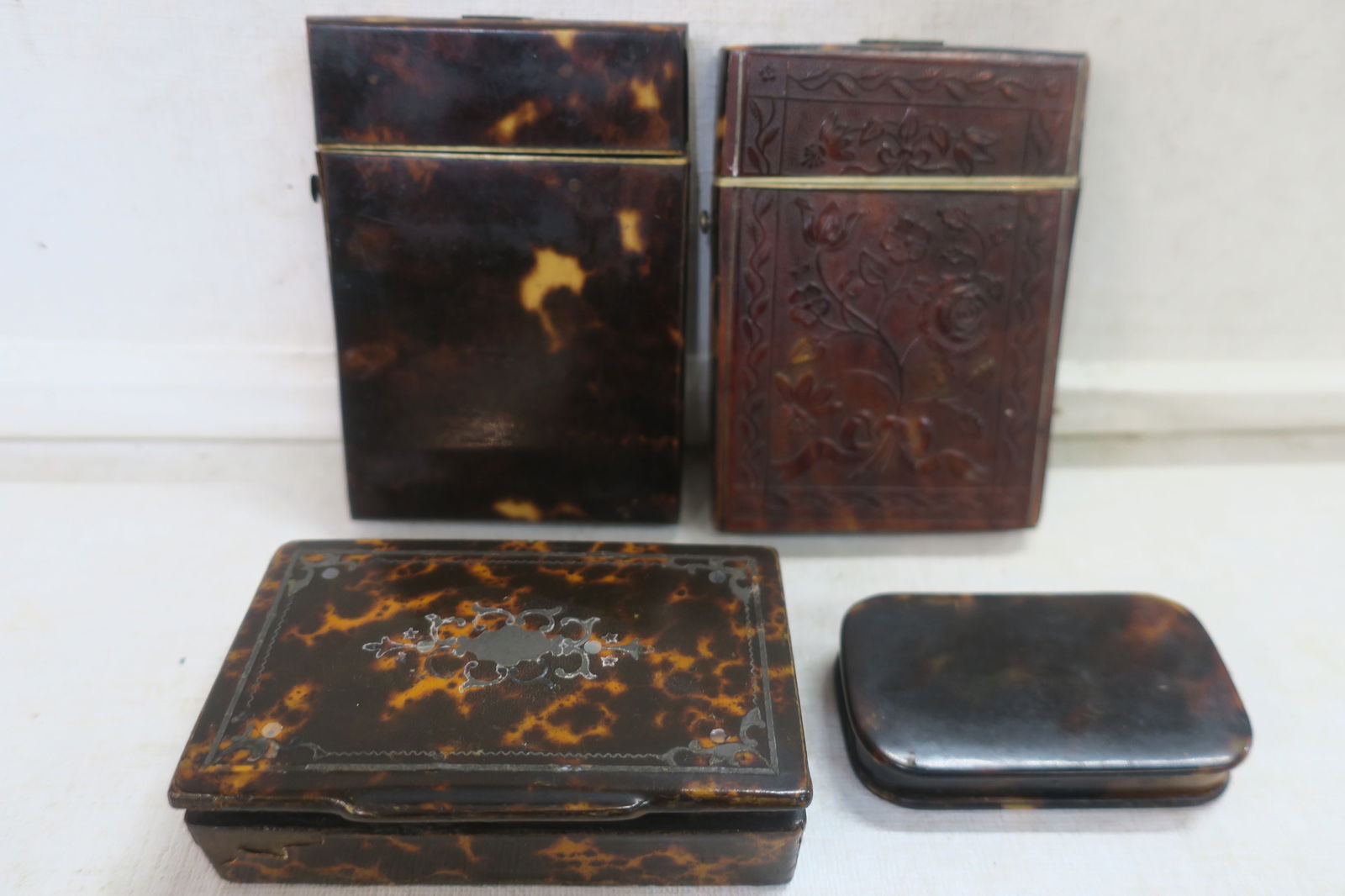 Four Antique Tortoise Shell Cases:: Four Antique Tortoise Shell Cases: Two English Antique Hinged Lid Tortoise Shell Carte de Visite Cases; one with Impressed /Relief and Brass Monogram on Top, Other is Plain, Both 3 1/4" Tall. One with