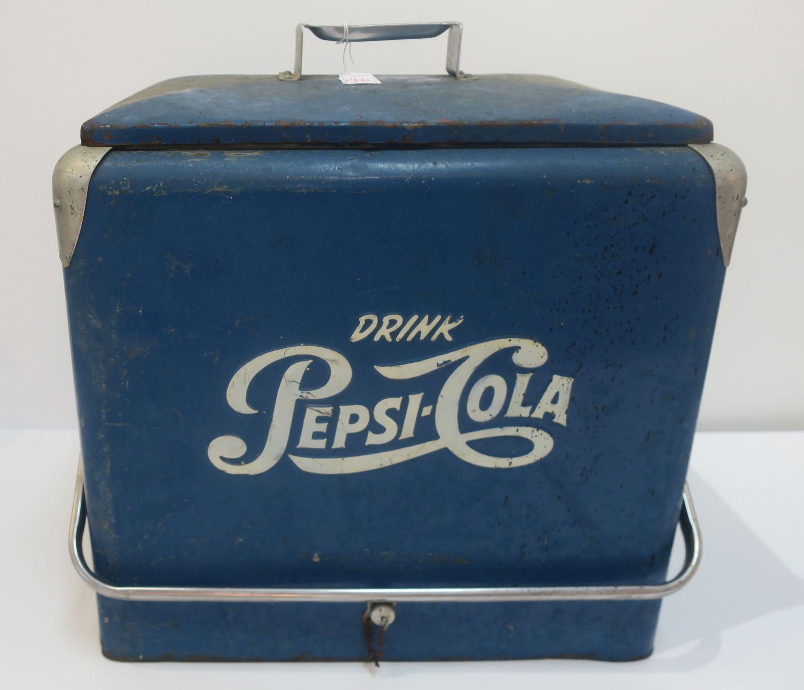 Vintage Blue PEPSI-COLA Metal Cooler, CA 1950:: Vintage Blue PEPSI-COLA Metal Cooler, CA 1950: Made by the Progress Refrigeration Co. Louisville KY. Has Screw on Drain Plug, Bottle Opener on One End, and Swing Handle. Age Wear and Minor Rust, 19" t