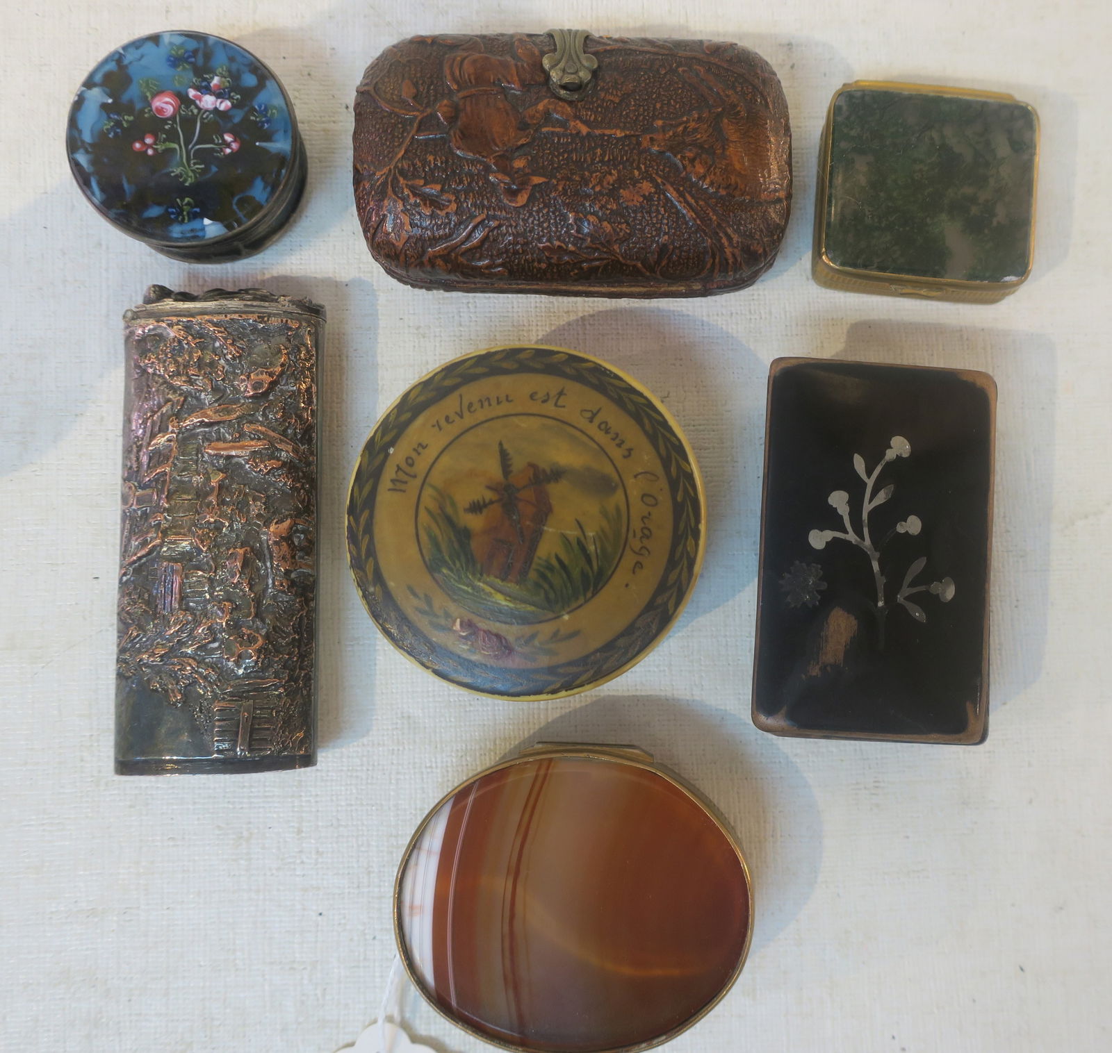 Seven Assorted Small Antique Boxes:: Seven Assorted Small Antique Boxes: Oval Agate Hinged Lid Box is 2" X 1 3/4", Agate Top and Bottom in Brass Frame. 1 1/4" Square Moss Agate Pill Box has Crack in Bottom Stone. 1 1/4" Round Art Glass T