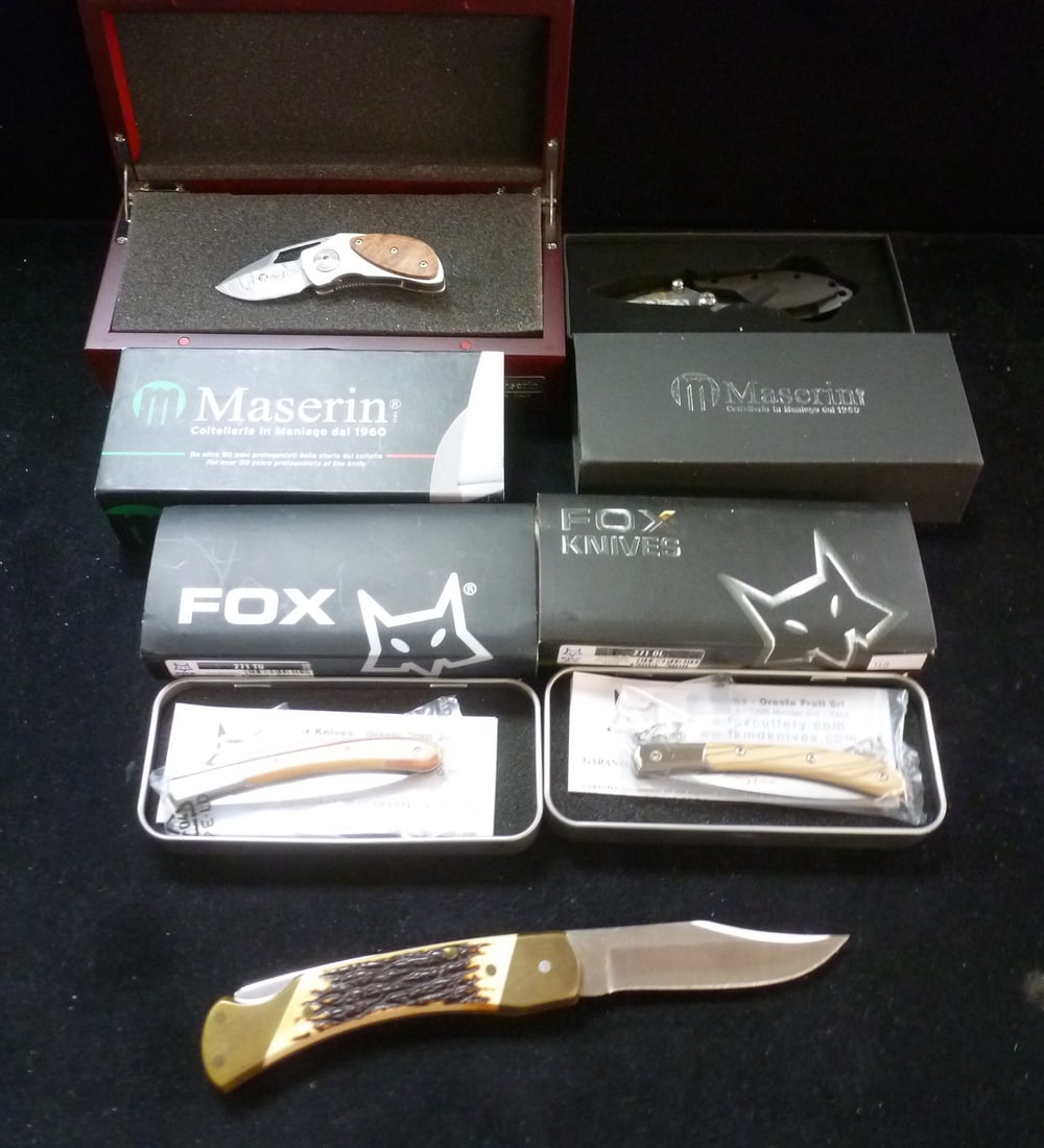 Five Knives, Two MASERIN, Two FOX and an UNCLE HENRY:: Five Knives, Two MASERIN, Two FOX and an UNCLE HENRY: Two FOX Folding Blade Knives one with Tulip Wood and Other with Olive Wood Handles. 4" UNCLE HENRY Locking Blade Folding Knife. and Two MASERIN Sm