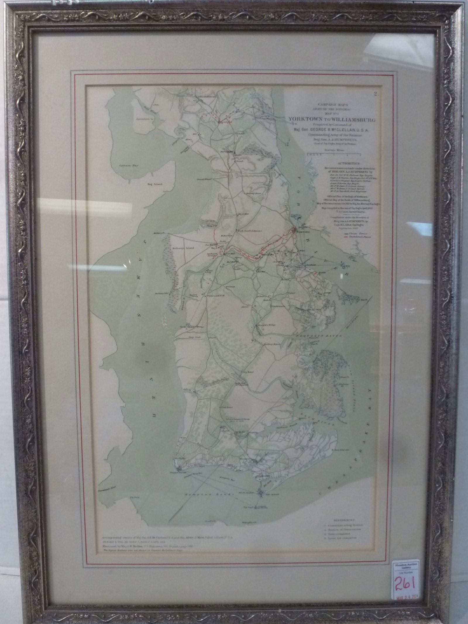 Framed Civil War Map; YORKTOWN TO WILLIAMSBURG:: Framed Civil War Map; YORKTOWN TO WILLIAMSBURG: From "THE WAR OF REBELLION, OFFICIAL RECORDS UNION AND CONFEDERATE ARMIES". Detailed Look at the Civil War here in the Virginia Peninsula in 1862. Frame