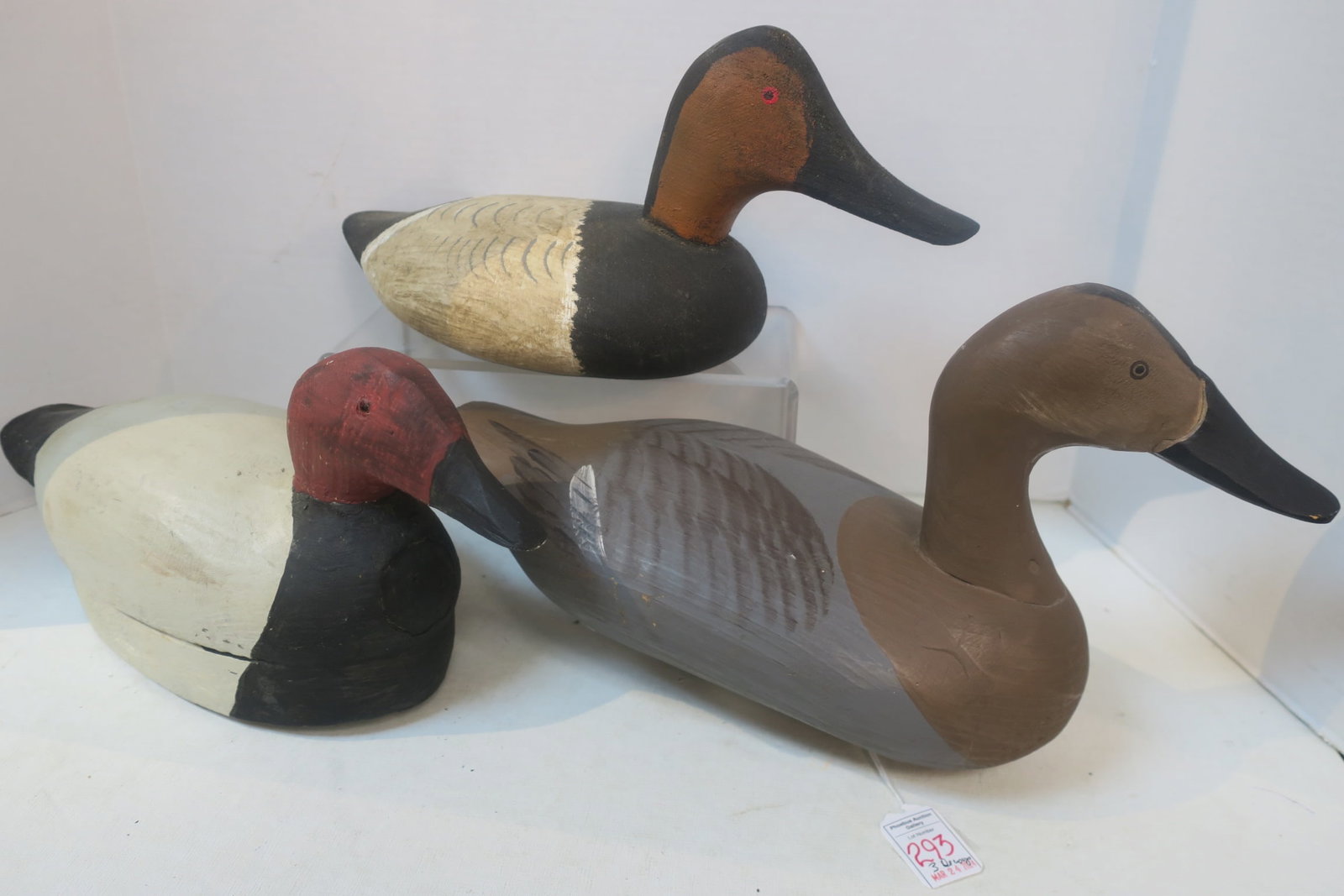 Three Vintage Handpainted Working Duck Decoys:: Three Vintage Handpainted Working Duck Decoys: Two Redheads and a Hen, Each about 16" Long. In Very Good Condition. (100-300)