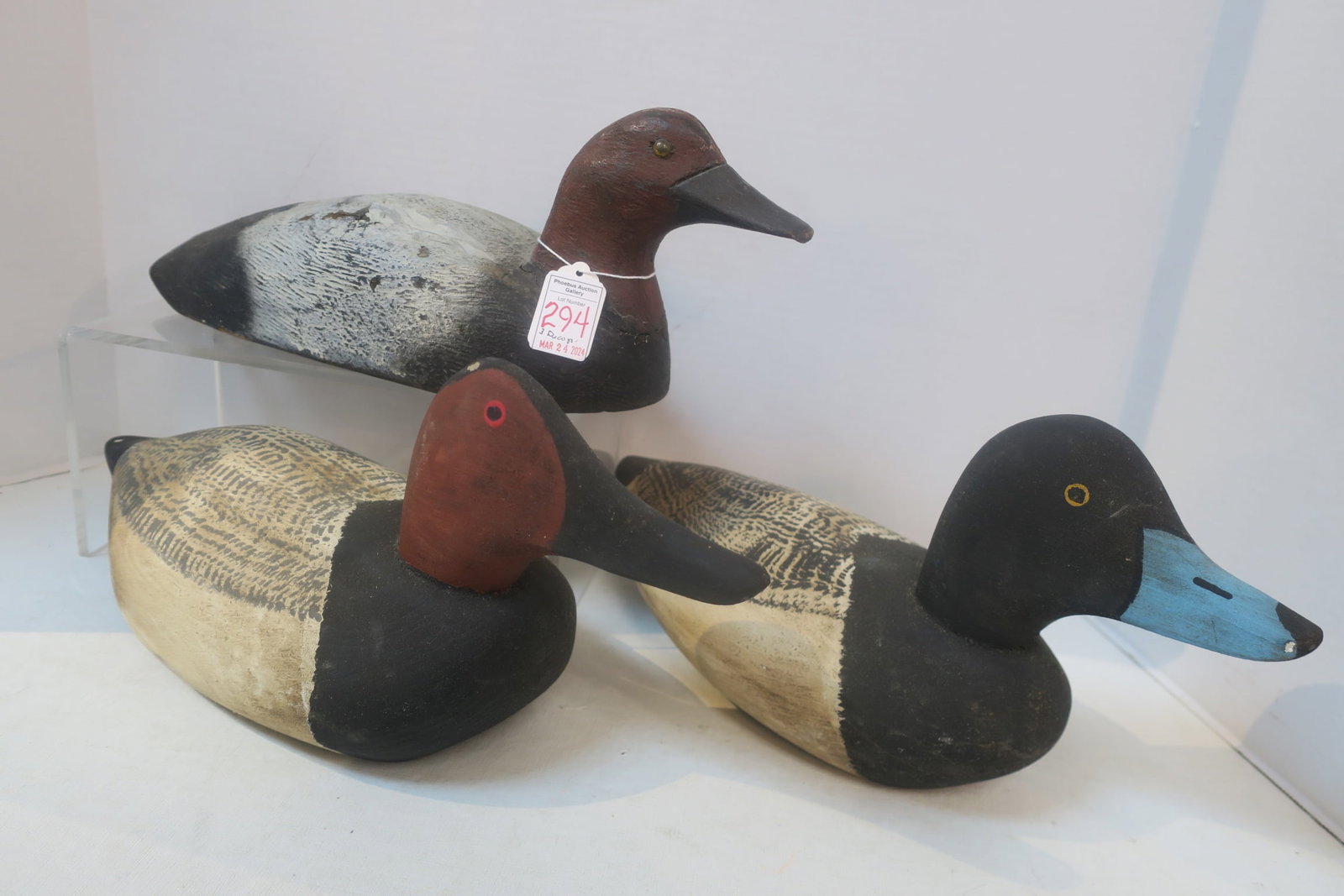 Three Vintage Handpainted Working Duck Decoys:: Three Vintage Handpainted Working Duck Decoys: Two Redheads and a Bluebill, Each about 16" Long. In Very Good Condition. (100-300)