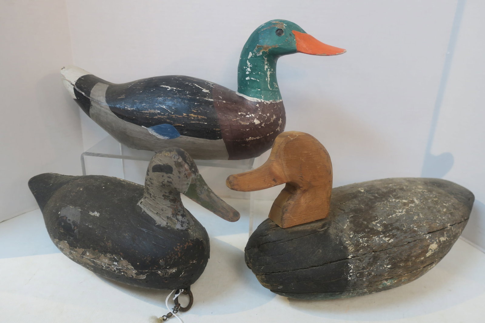Three Vintage Handpainted Working Duck Decoys:: Three Vintage Handpainted Working Duck Decoys: These Birds have done Their Share of Gunning in the Chesapeake. Mallard with Shrink Crack in Side another with Replace New Head. Working Decoys! (100-300