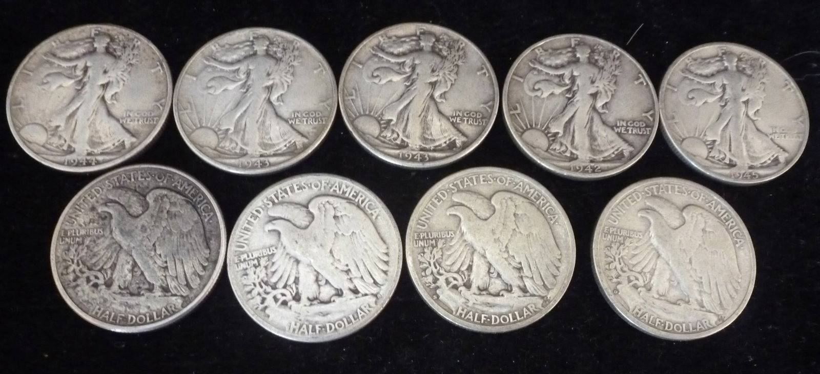 Nine Walking Liberty 90% Silver Fifty Cent Pieces:: Nine Walking Liberty 90% Silver Fifty Cent Pieces: Audrey Munson (as Ms. Liberty) Steps out to Get the Morning Paper in Her American Flag Negligee. Ms Munson was the First American Super Model. 80% of