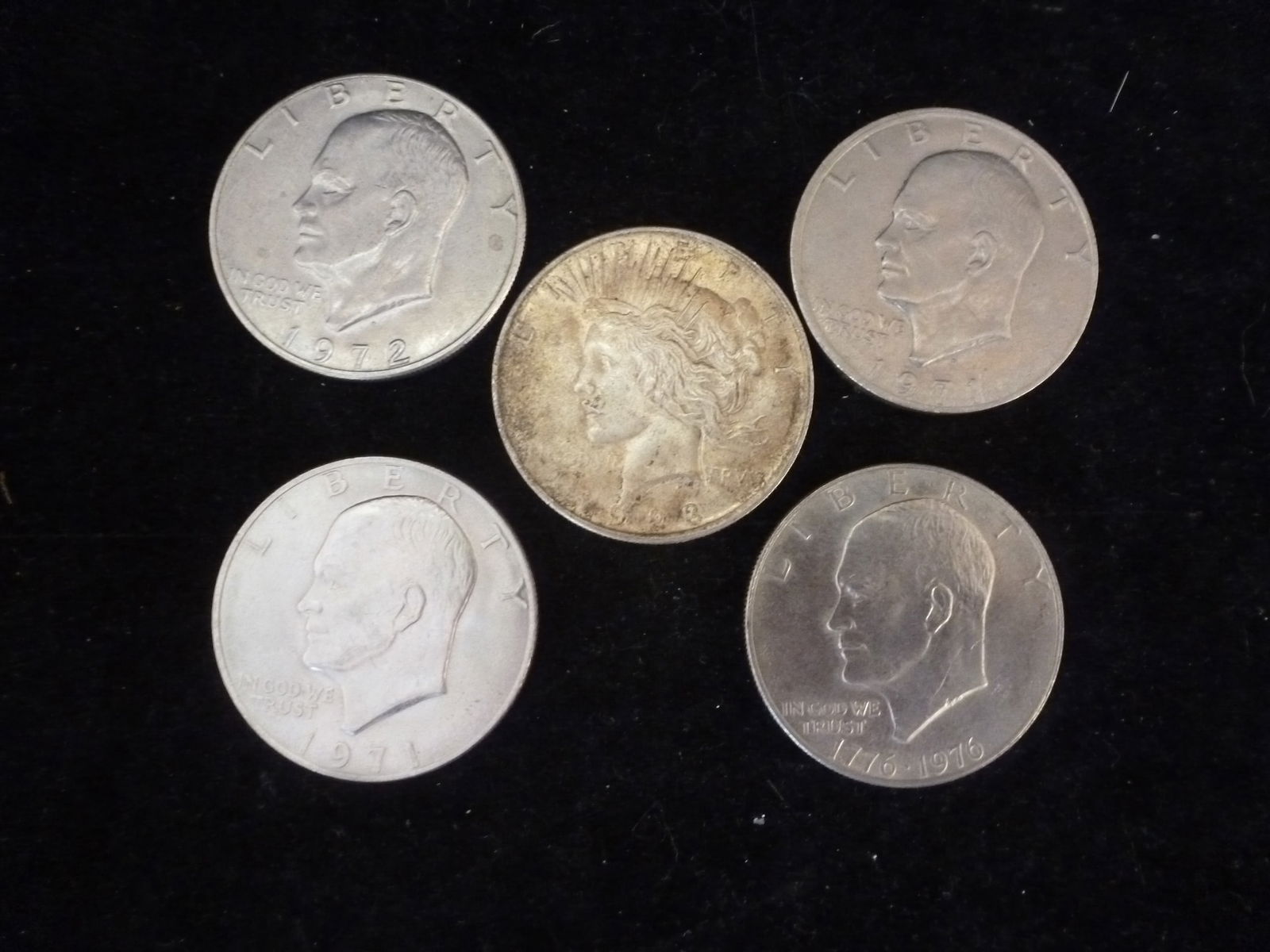 1923 US Peace 90% Silver Dollar and Four Eisenhower's: (1 of 3)