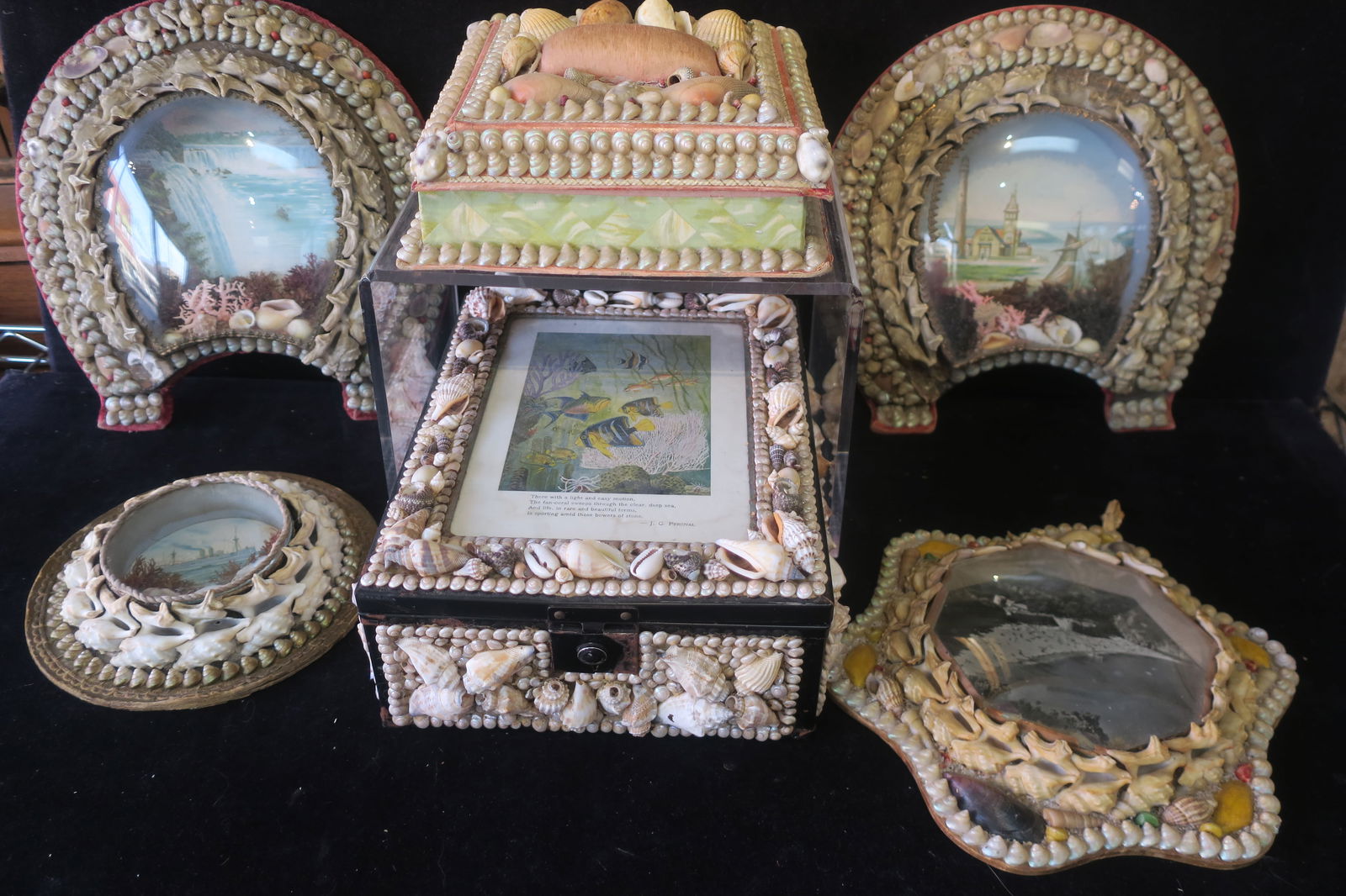 Six Vintage Sailor's Shell Art Boxes, Wall Hangers: (1 of 6)