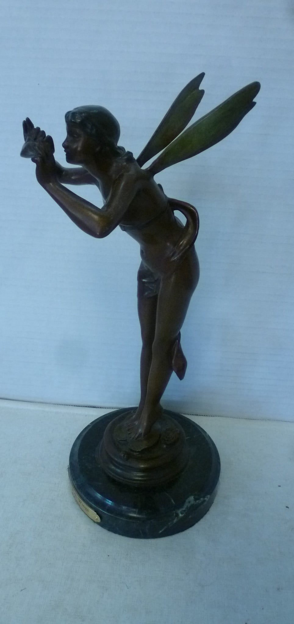 PAUL ARMAND BRYARD de la VINGTINE, "SPIRT" Bronze:: PAUL ARMAND BRYARD de la VINGTINE, "SPIRT" Bronze: Recast of Enchanted Sprit or Girl with Wings Bronze. 15" Tall on 1" Black Beveled Marble Plinth. Naked Young Girl Prepares to Drink Water Captured in