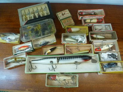 Collection of Fishing Lures and Flies & Giant Pike:: Collection of Fishing Lures and Flies & Giant Pike: Jitterbug, Jumping JO, Doodler, River Runt, Arbo Gaster, Couple of Clark's Water Scouts, Heddon Lucky 13 and Flap Tail, Speed Shad, Falcon Kirby & P