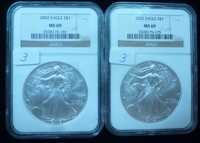 Two 2002 99% Silver Bullion American Eagles NGC Graded