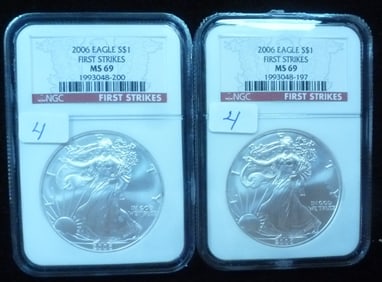 Two 2006 99% Silver Bullion American Eagles NGC Graded